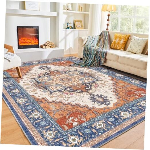 Soft Washable 5x7 Area Rug in Blue & Orange Colors for Cozy Comfort  