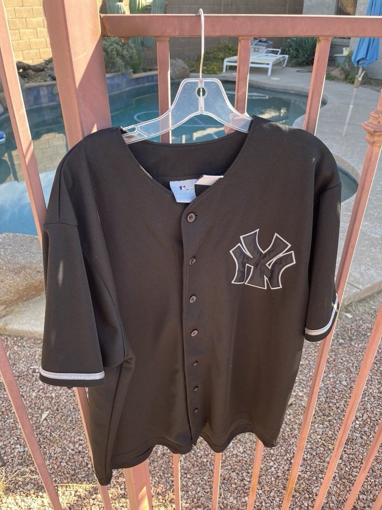 VINTAGE NEW YORK YANKEES BLACK OUT 90s JERSEY BUTTON UP LOGO PRINT MENS LARGE/XL