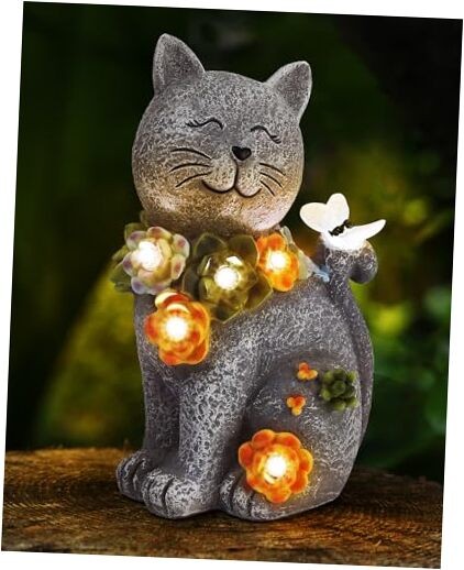 Solar Garden Statues Lights, Cat Figurines Succulent Flower Butterfly Art