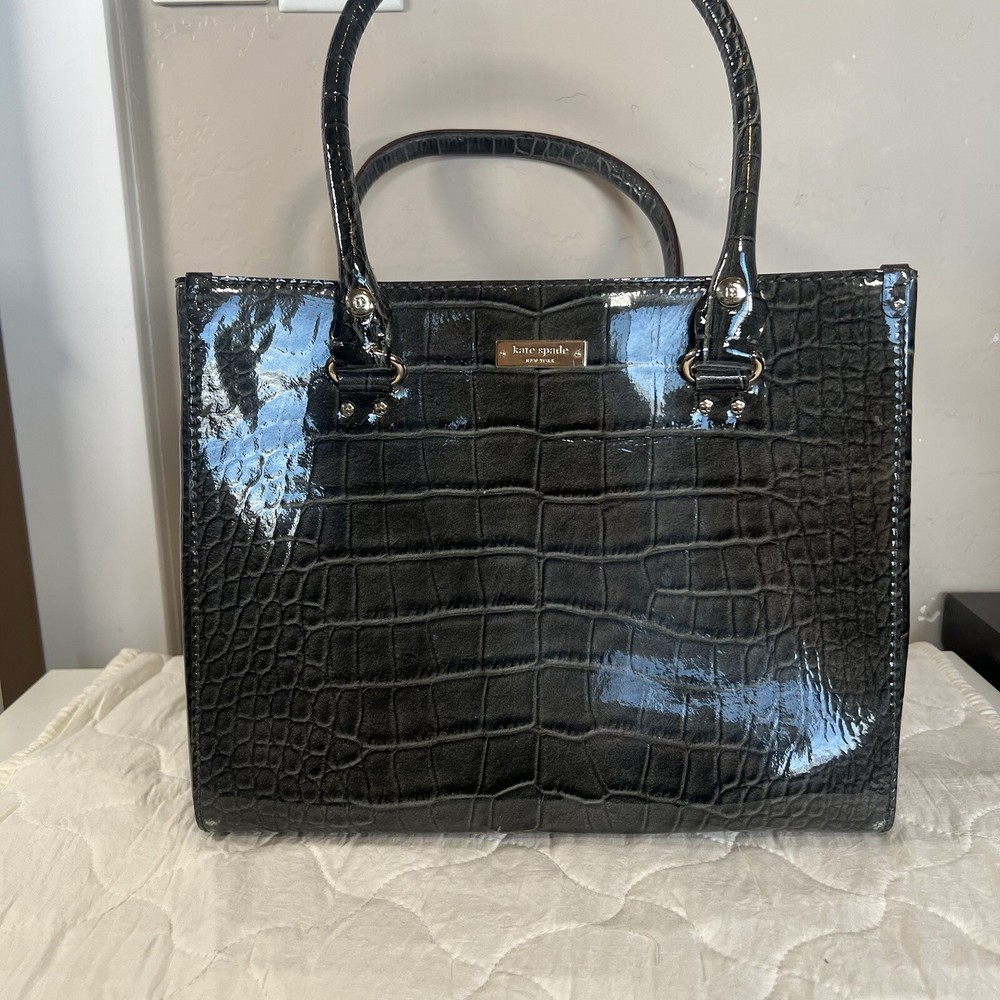 Kate Spade Gray Crocodile Print Patent Leather Satchel Handbag