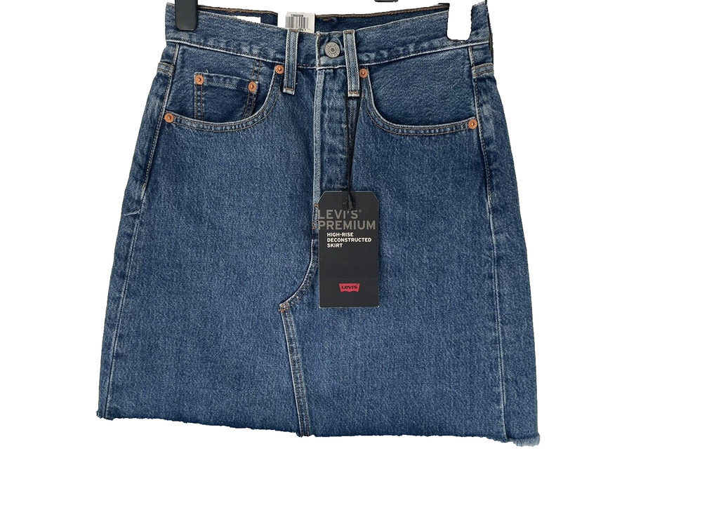 LEVI DARK BLUE DENIM HIGH RISE MINI SKIRT RAW HEMLINE SIZE 24 NEW WITH TAGS