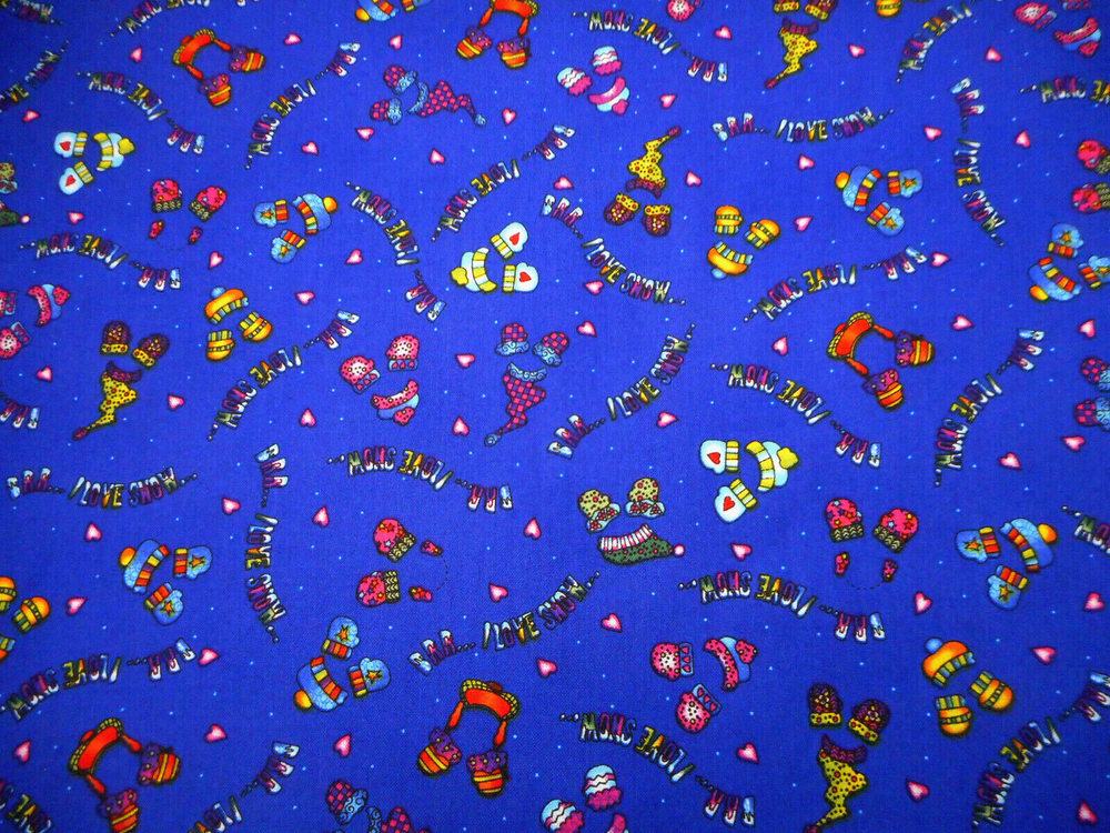Christmas Fabric By Yard Hat Mittens I Love Snow Brr Dk Royal Blue Cotton #9 #C