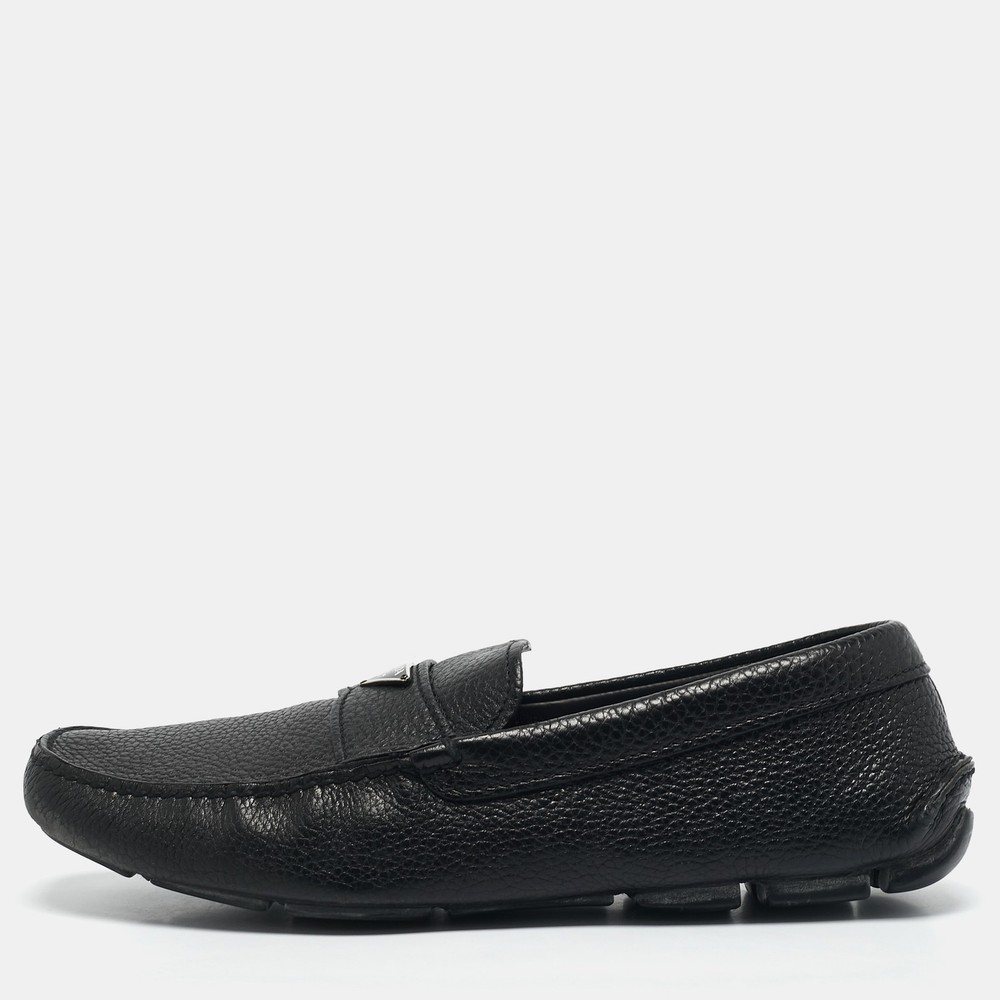 Prada Black Leather Triangle Logo Slip-On Loafers Size 43.5
