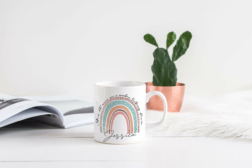 Personalised Rainbow Quote Mug You'll Never See A Rainbow Looking Down Pastel