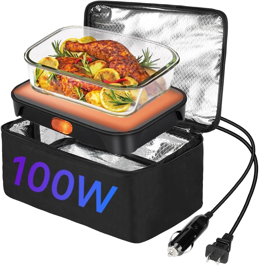 Portable 100W Oven Food Warmer 12V/24V/110V Electric Lunch Box for Adults Personal Heating Meals On-the-Go