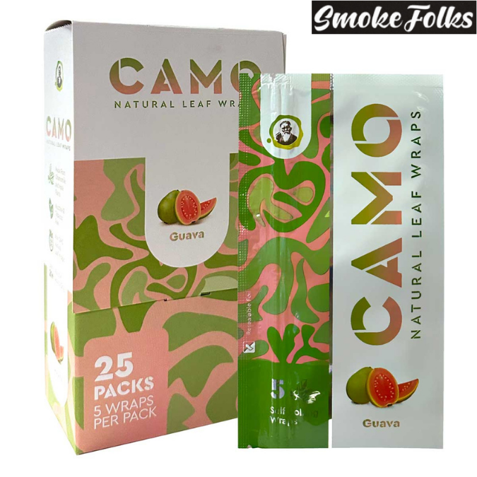 Camo Self-Rolling Natural Leaf Wraps | 125mm Guava Flavor | Full Box of Premium Rolling Papers for a Smooth, Flavorful Smoking Experience