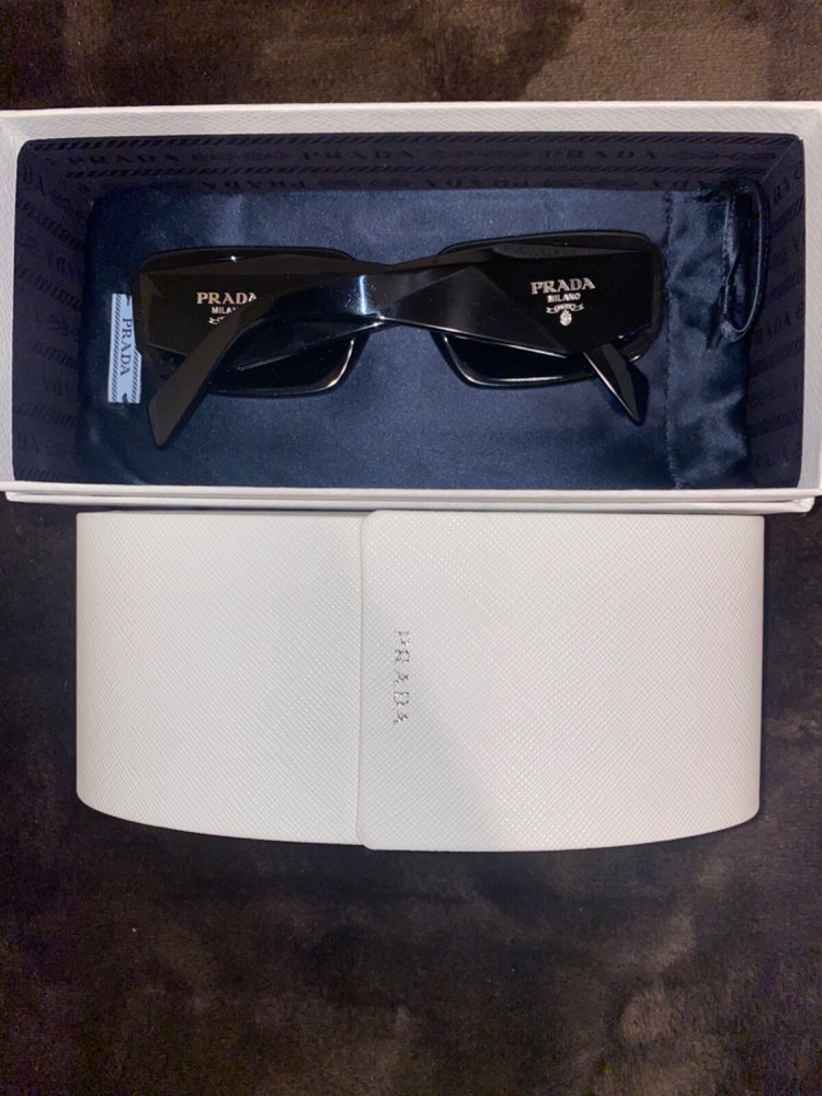 PRADA PR A07S Black Silver Logo Sunglasses with Dark Grey Lenses Authentic
