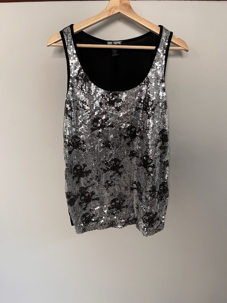 Women's Hot Topic vintage Y2K Crossbone Sequence Black and Silver Tank Top large
