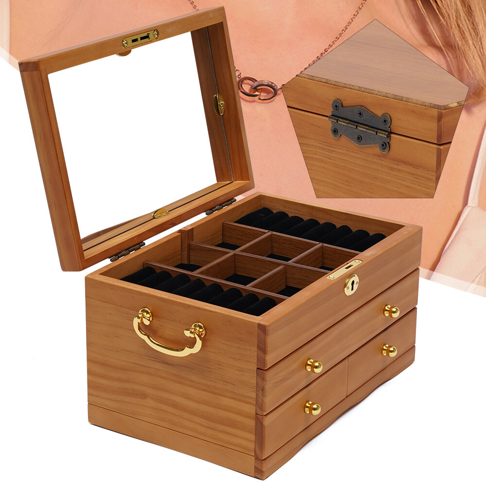3 Layers Storage Large Capacity Wooden Jewelry Box  2kg Weight W/ Safe Lock