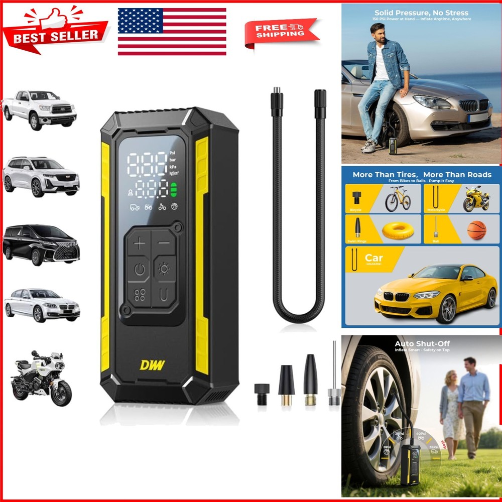 150 PSI Portable Tire Inflator Air Compressor for Cars & Bikes - Compact Design