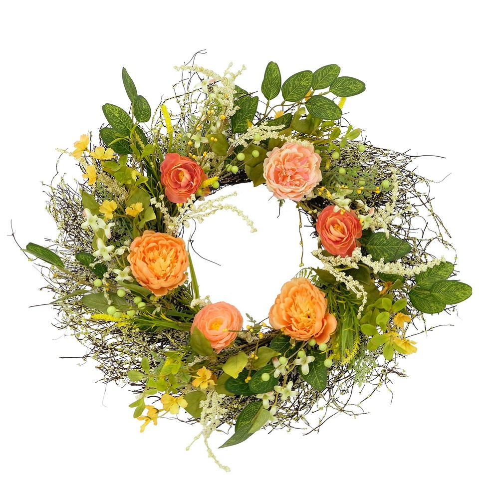 Colorful 24-Inch Artificial Peony Spring Wreath for Doors