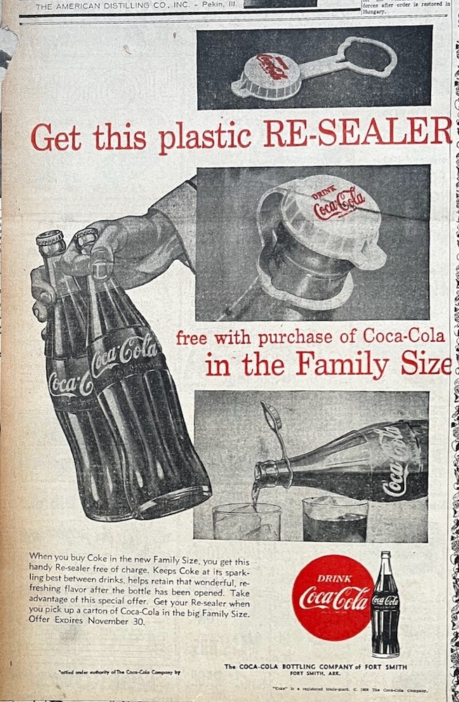 1956 newspaper ad for Coca-Cola - Plastic bottle re-sealer free offer