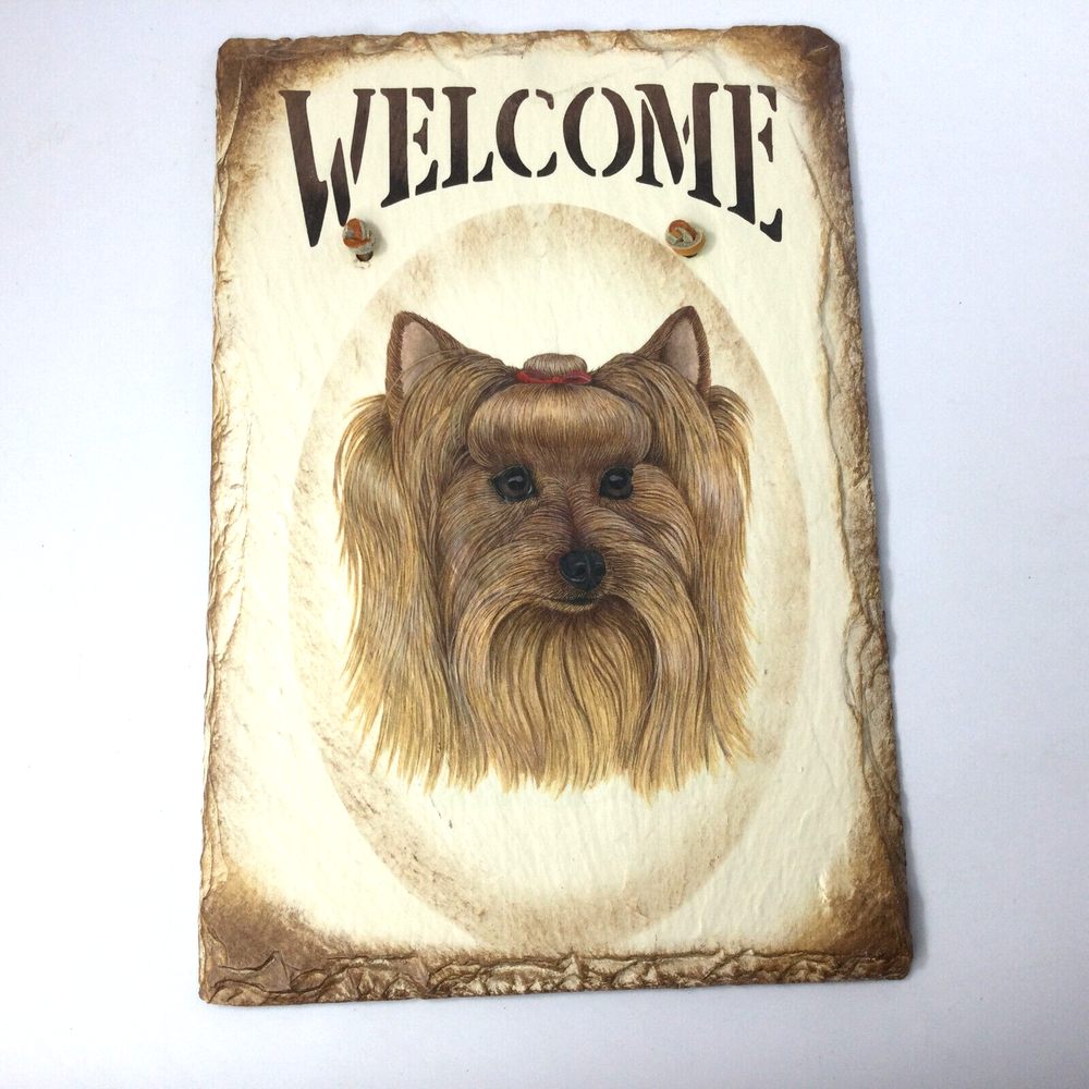 Wall Hanging Slate Stone Handpainted Dog Yorkshire Terrier Welcome Sign 12
