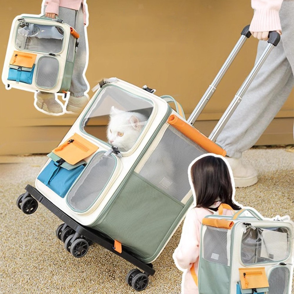 Portable Cat Carrier Trolley with Wheels and Breathable Design