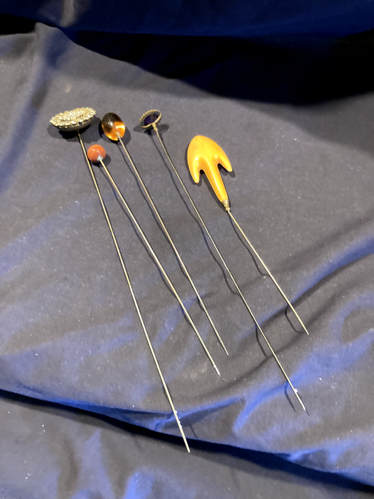 Vintage Antique Lot of 5 Ladies Long Hat Pins Hatpins Bakelite Rhinestone