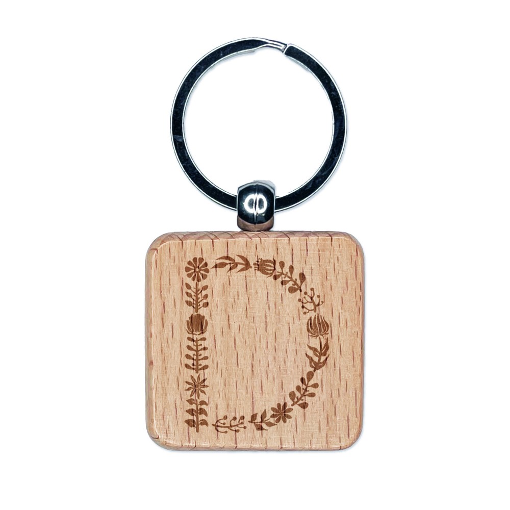Elegant Botanical Floral Letter D Engraved Wood Square Keychain Tag Charm