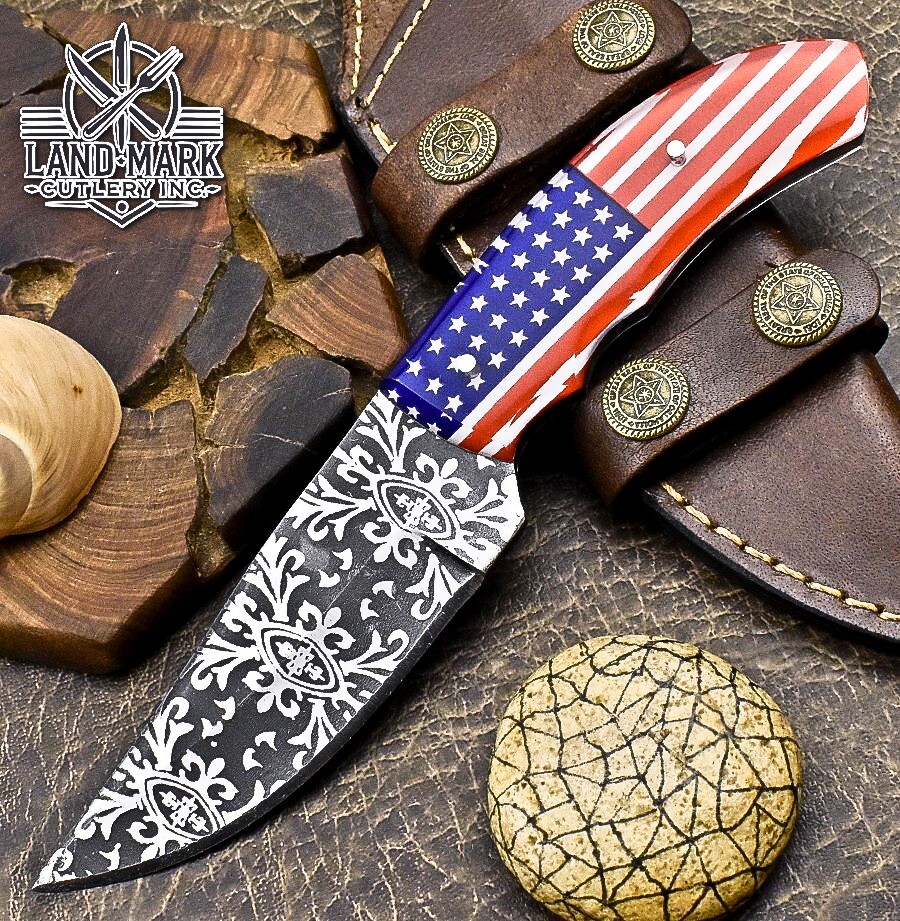 Custom Damascus Hunting Skinner Knife with Resin USA Flag Handle
