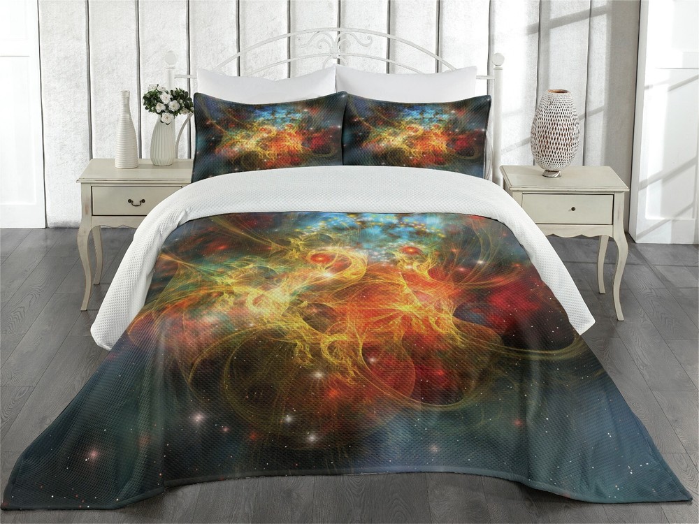 Nebula Quilted Coverlet & Pillow Shams Set, Outer Space Universe Print