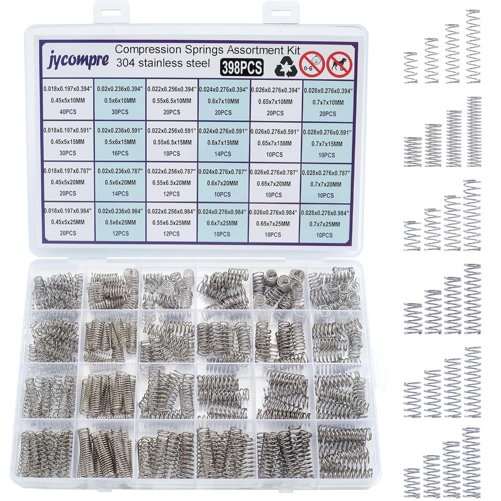 398pcs 304 Stainless Steel Springs in 24 Sizes for DIY and Repair Projects