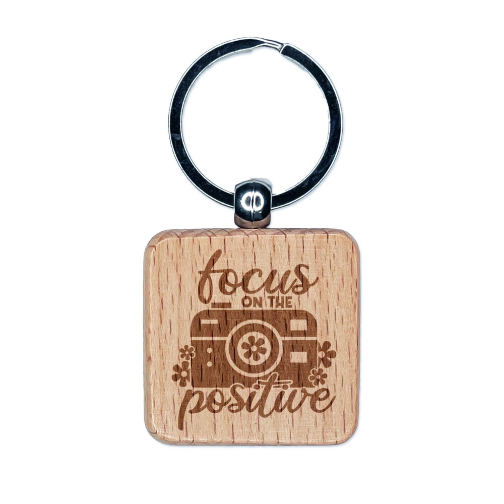 Positive Vibes Camera Pun Engraved Wood Keychain Charm