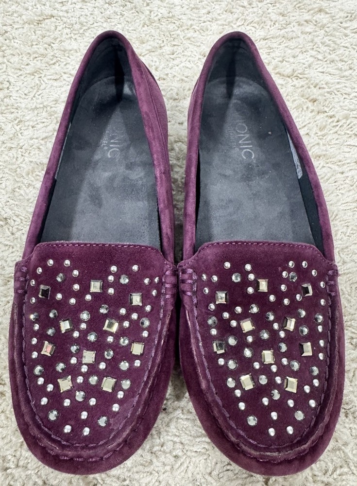 Vionic Athens Purple Suede Slip-On Loafers with Bling Size 7