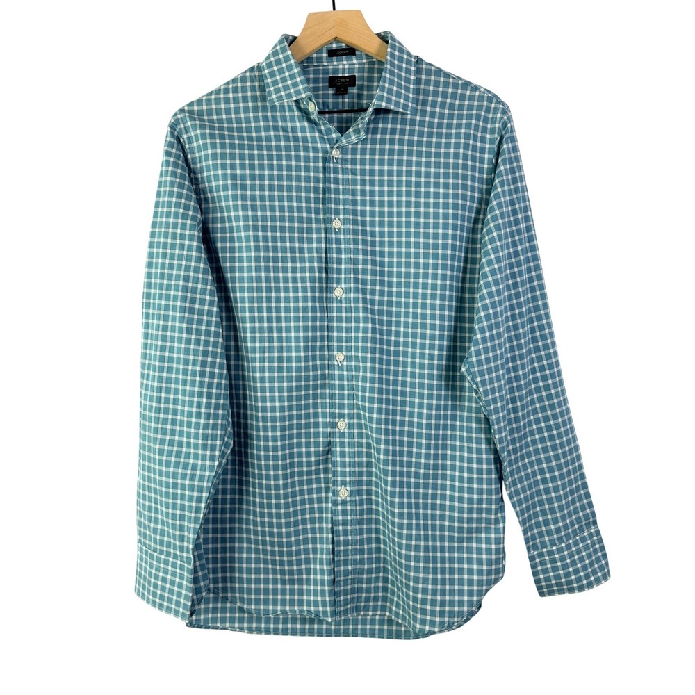 J.Crew Ludlow Mens Teal Gingham Check 120s 2-Ply Cotton Dress Shirt Size M