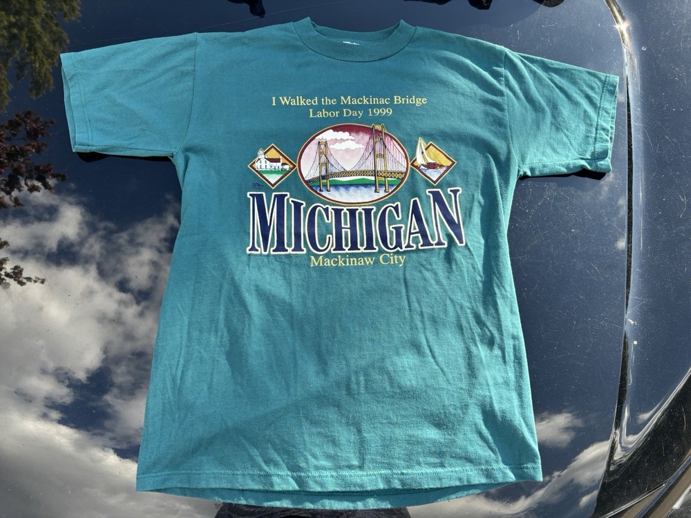 Vintage Mackinac Bridge Labor Day Walk Shirt Mens Medium Teal 1999 Michigan 90s