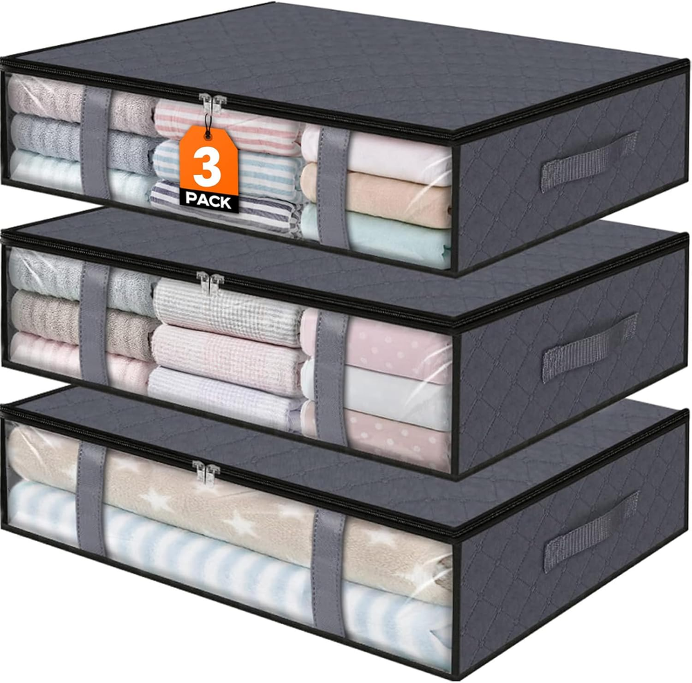 3-Pack Under Bed Storage Bins with Transparent Window,Breathable Organizer,Folda