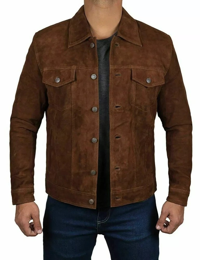 Men's Brown Racer Leather Jacket Biker Moto Pure Suede Cafe Party Trucker Jacket