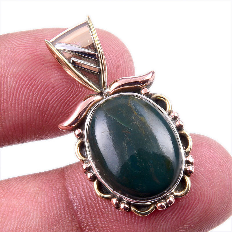 Natural Bloodstone Gemstone 925 Solid Sterling Silver TwoTone Pendant 1.25