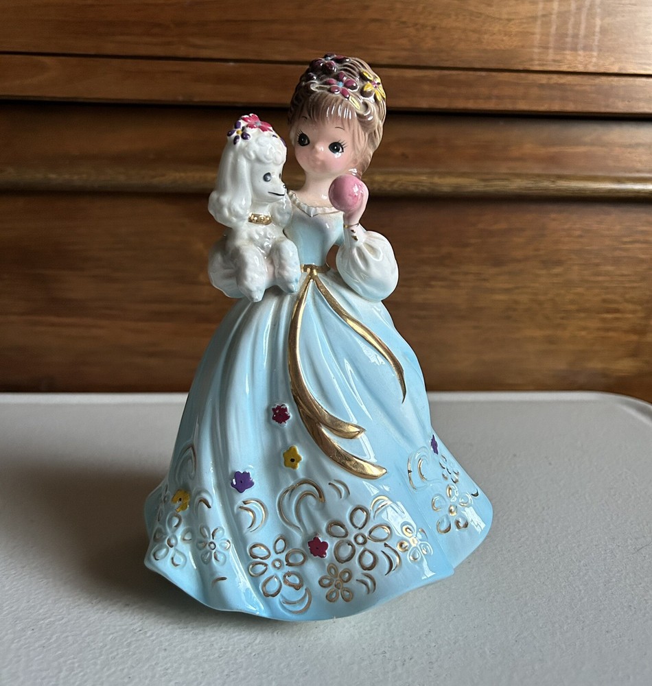 Josef Originals RARE Retro Girls Blue Dress Holding Poodle & Ball