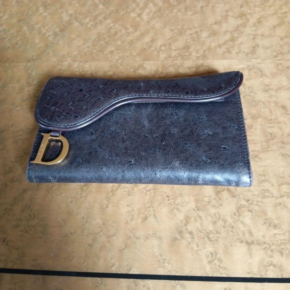 Christian Dior Brown Ostrich Leather Bifold Long Wallet