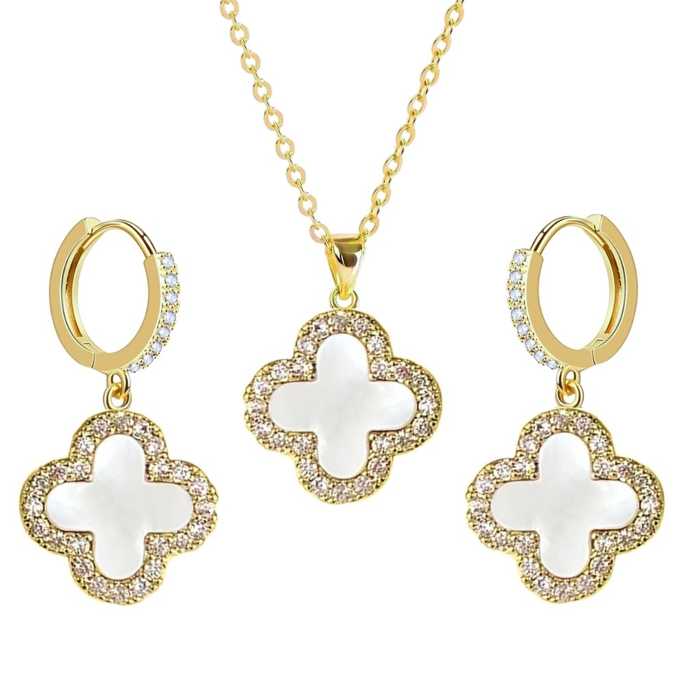 Studded Clover Necklace and Hoop Earrings Set for Women | Designer Jewelry