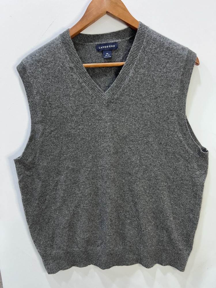 Mens Lands End 100% Cashmere V Neck Sweater Vest Gray Size M 38-40