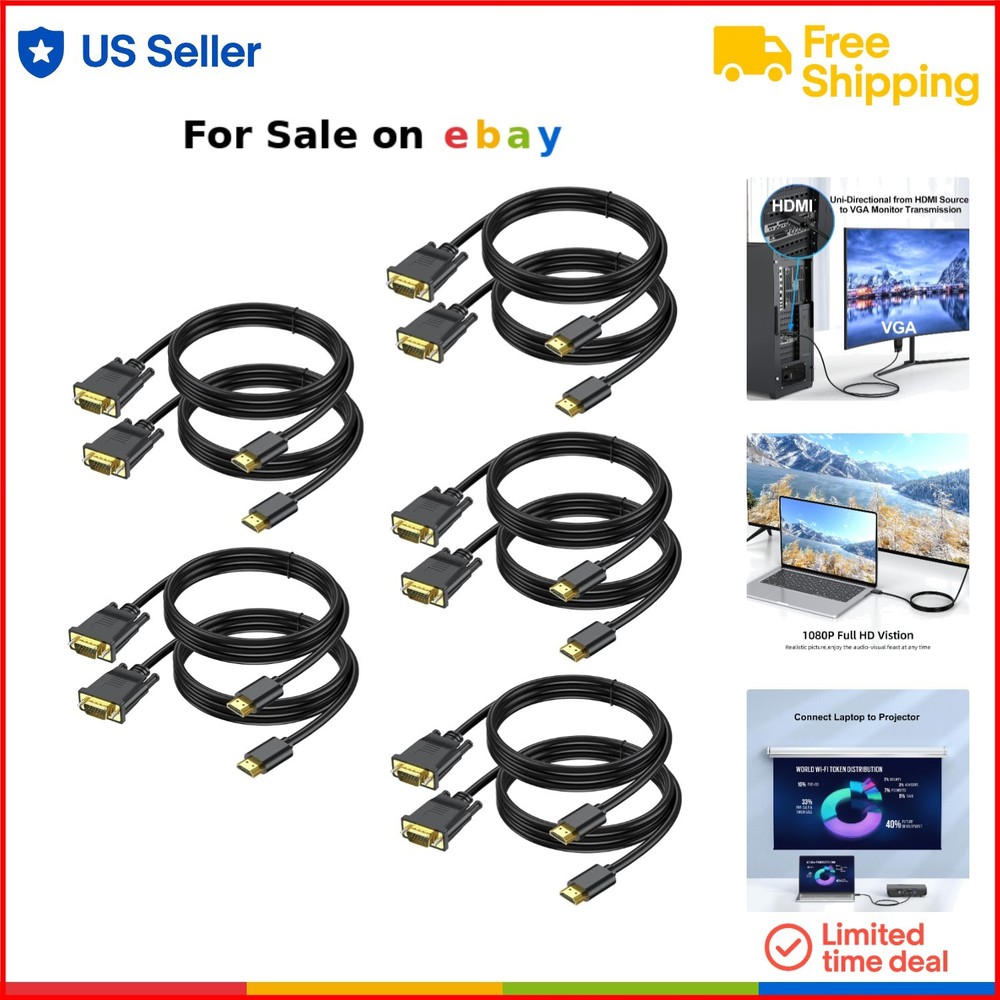 10-Pack 3ft HDMI to VGA Adapter Cable for HD Video Conversion