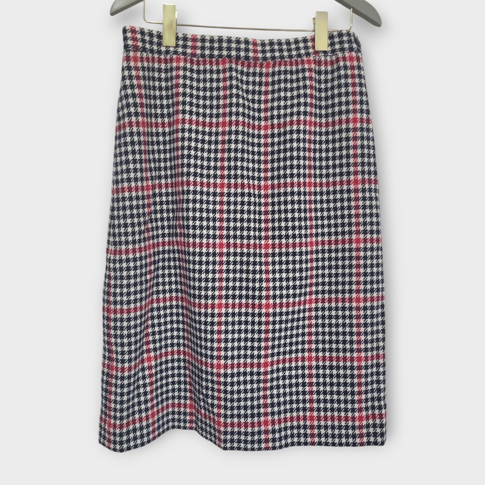 Plaid Houndstooth Pencil Skirt Womens Size 10 Navy Blue Red Preppy Office Lined Skirt