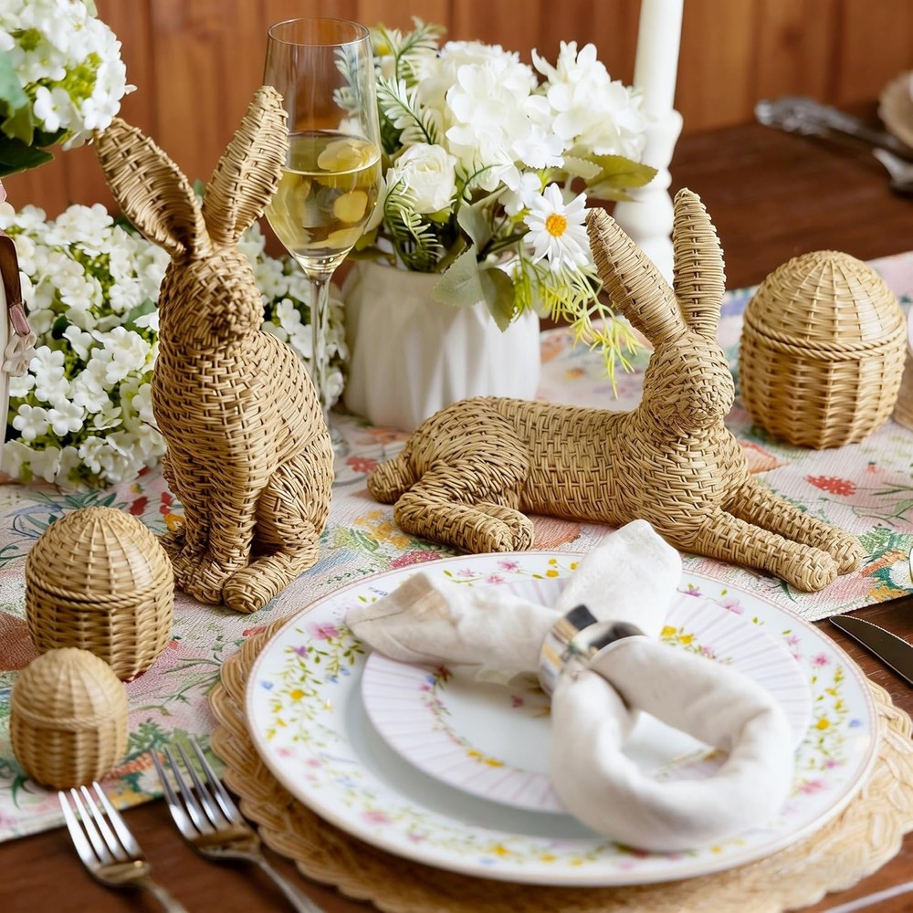 Easter Decorations Home – 5 Pieces Rattan Effect Bunny & Egg Set Easter Bunny