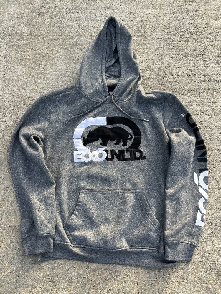 ECKO UNLTD Hoodie Mens M Sweatshirt B&W Rhino Logo Embroidered Gray Pullover