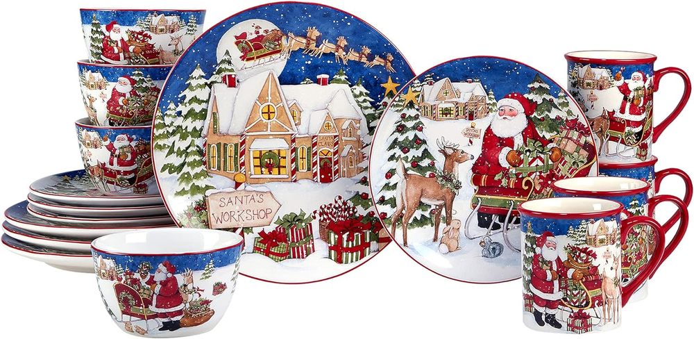 Santa's Workshop 16-Piece Dinnerware Set for 4 in Festive Multicolor  