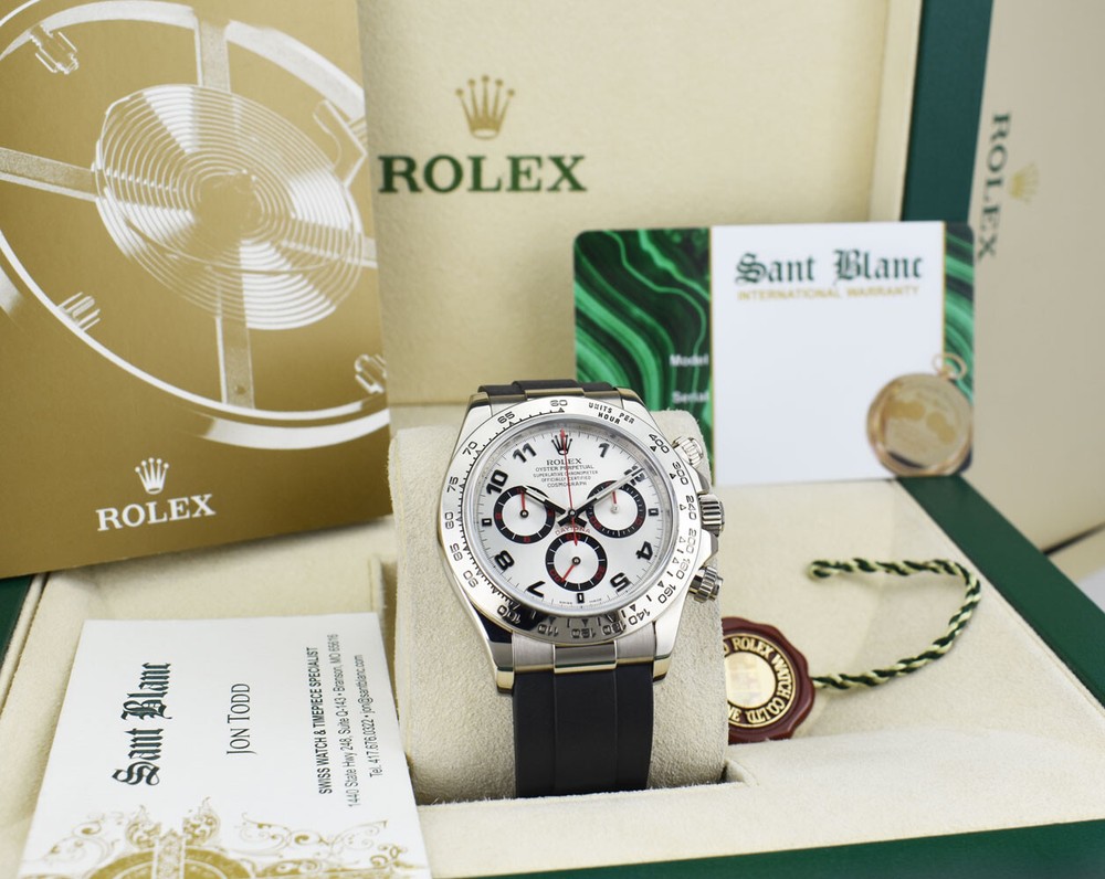 ROLEX 18kt White Gold DAYTONA Silver Arabic Dial Rubber Strap 116519 SANT BLANC