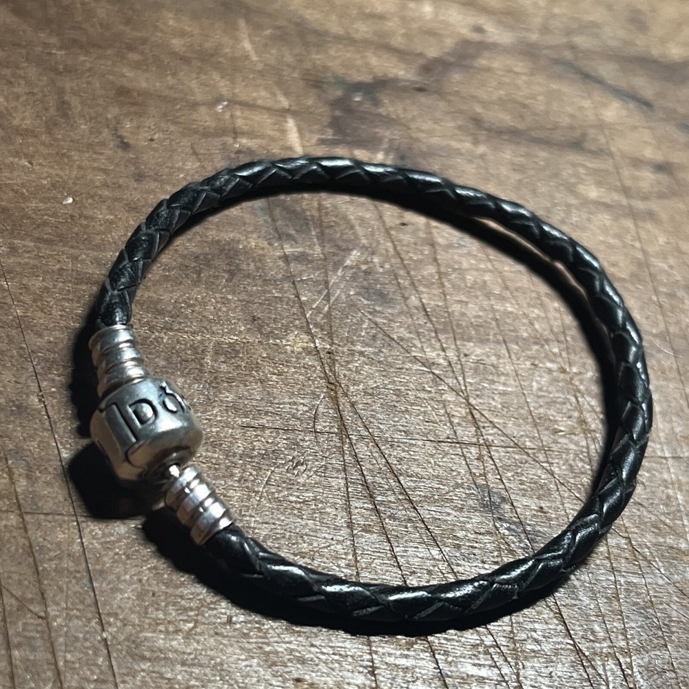 Vintage Sterling Silver Braided Leather Pandora Bracelet Size 5” - K2