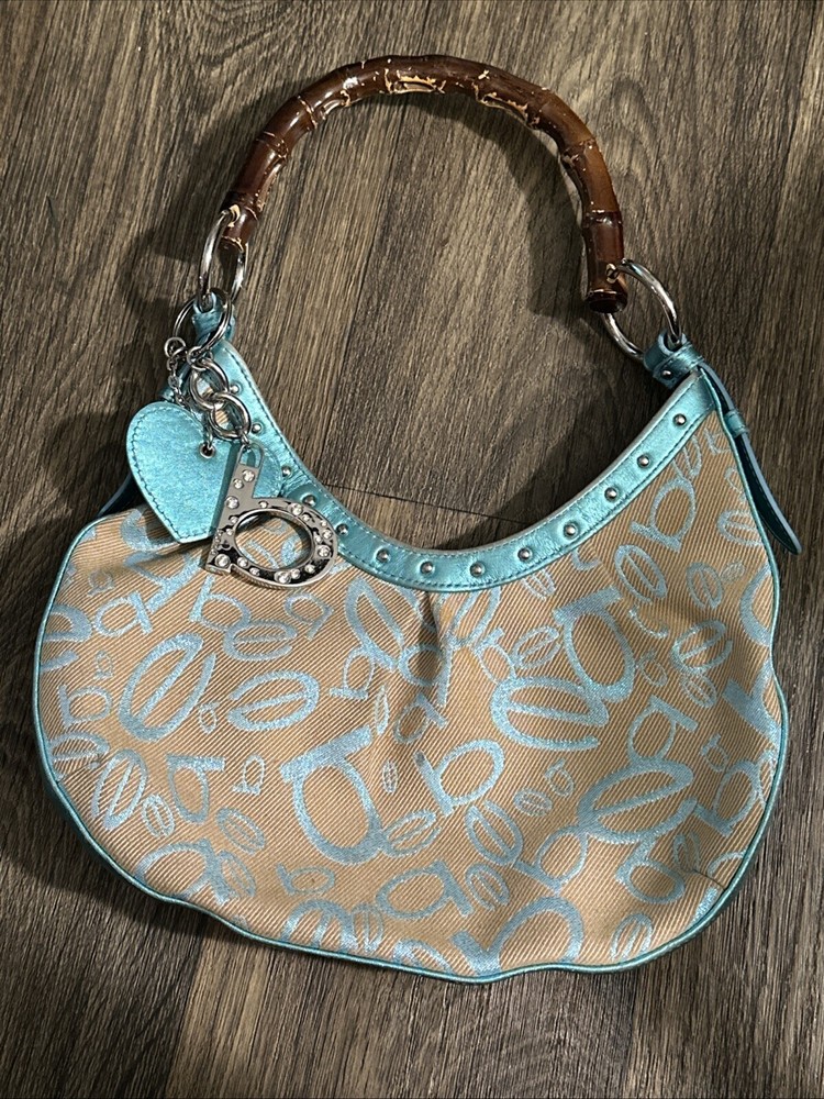 Bebe Studded Shoulder Bag in Tan and Blue with Wooden Handle