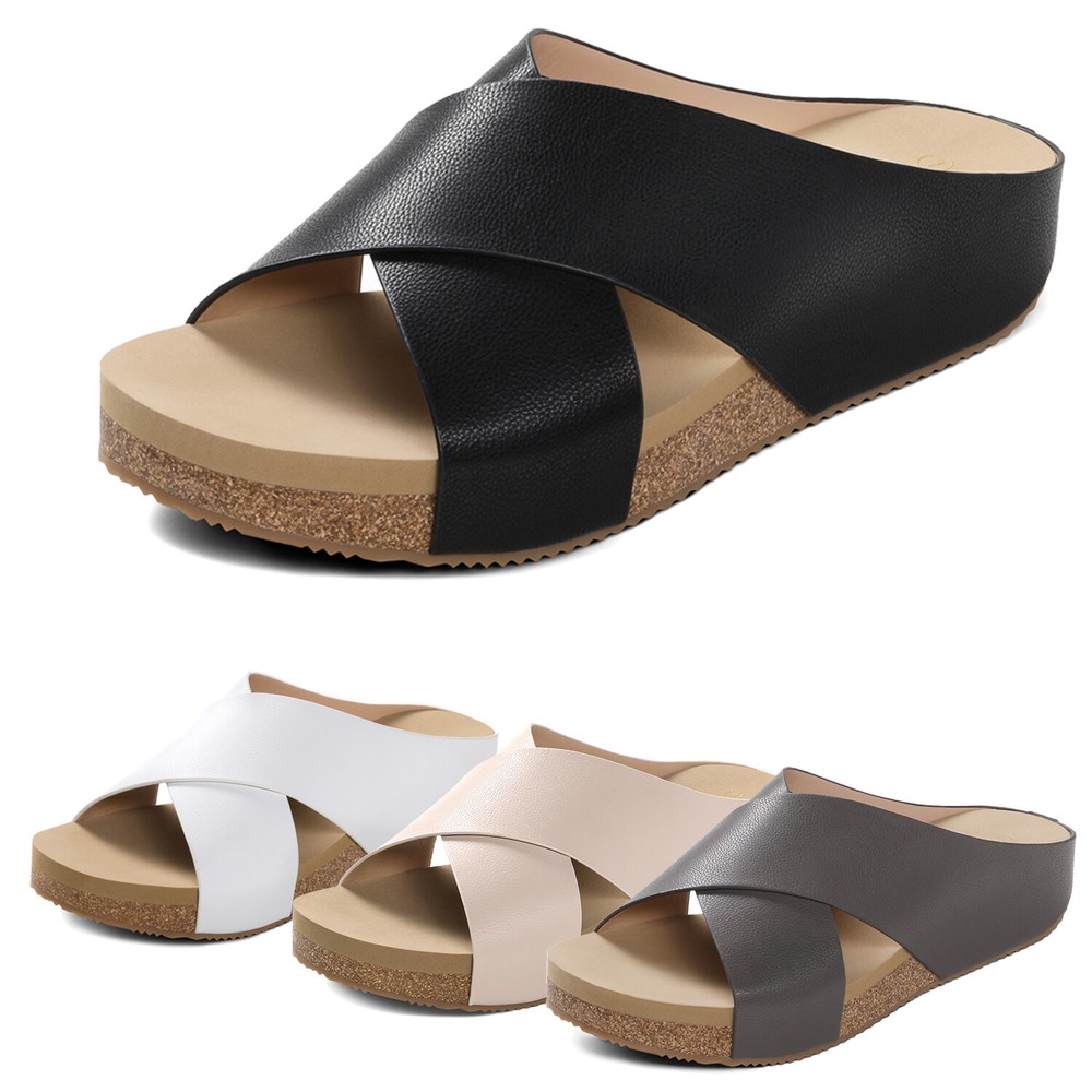 US Womens Cork Slide Sandals Open Toe Platform Criss Cross Flat Sandals