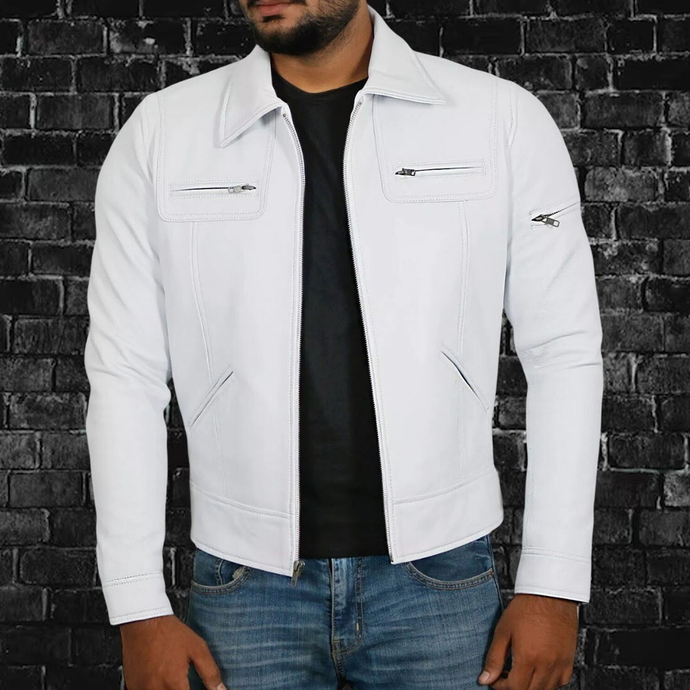Men's Genuine Lambskin Leather Jacket Biker Soft Stylish White Motorcycle Jacket