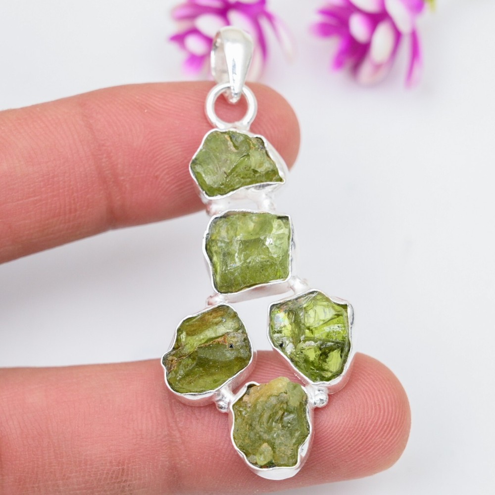 Raw Peridot Silver Pendant Handmade 925 Sterling Silver Jewelry Gift