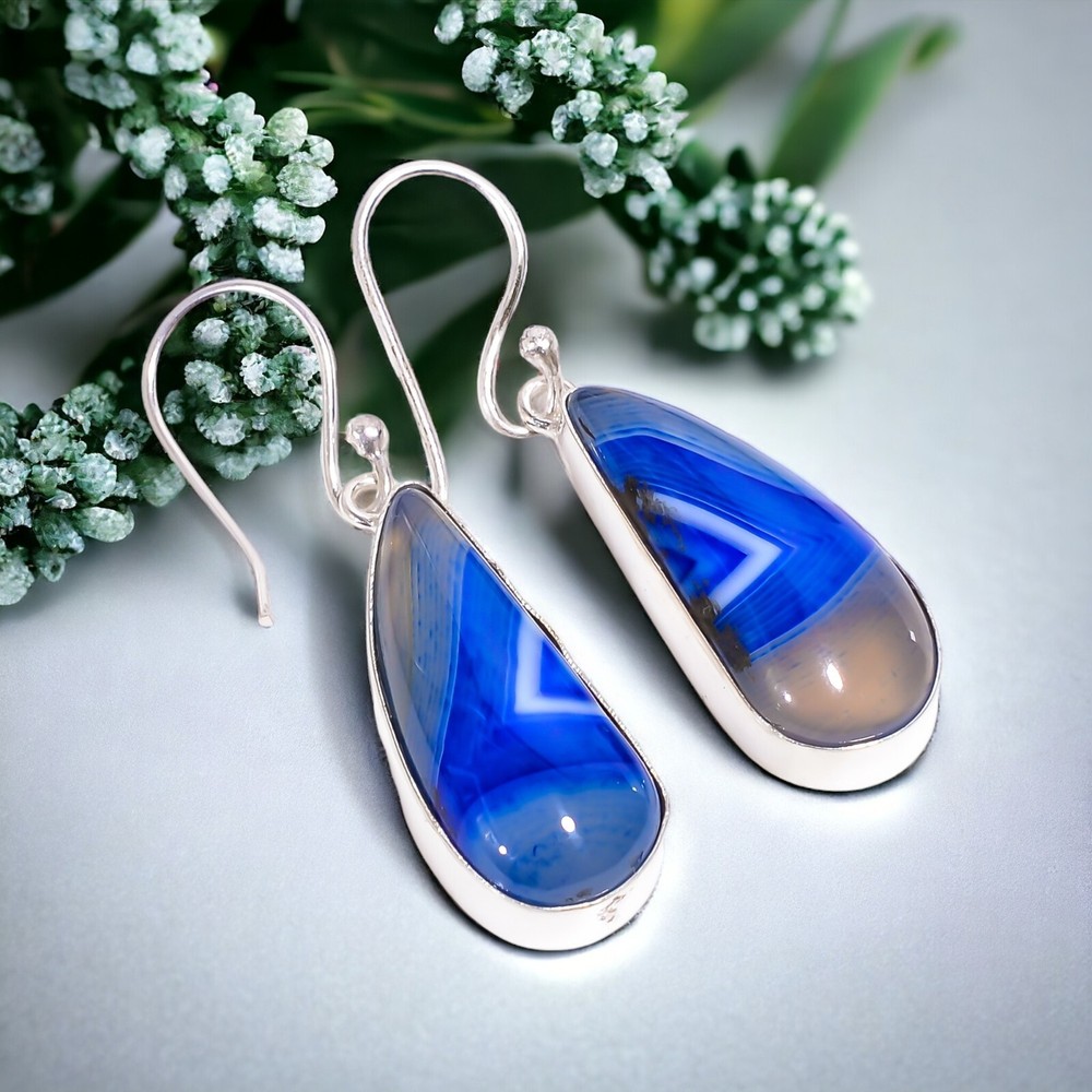 925 Silver Blue Botswana Agate Drop Earrings for Party Wear