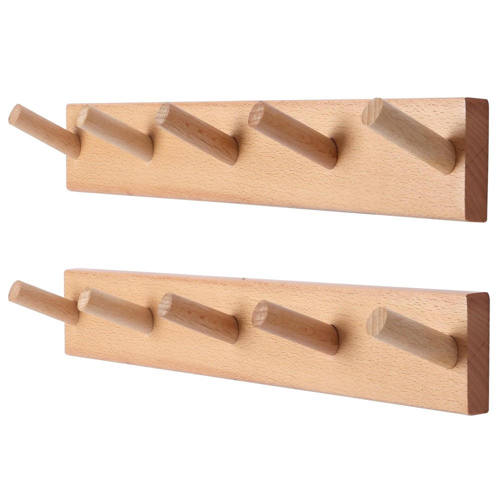 2 Pack 17 Inch Wooden Wall Mount Coat Rack with Hooks for Hanging Coats