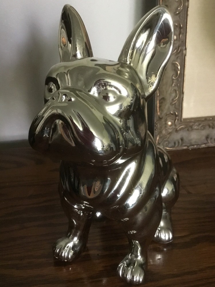 Modern Seated French Bulldog Silver Electroplated Resin Statue 9” X 9”