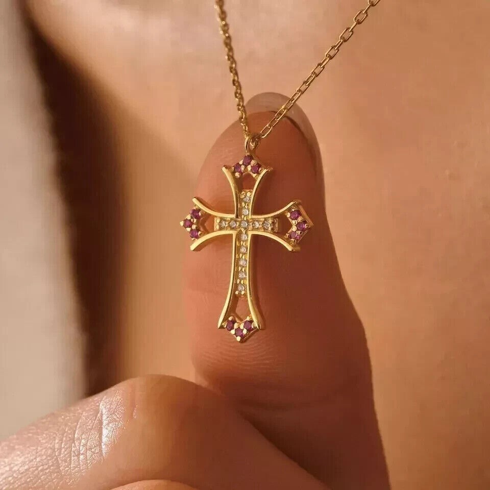 Women's Stunning Cross Pendant Round Simulated Diamond In 14K Yellow Gold Plated