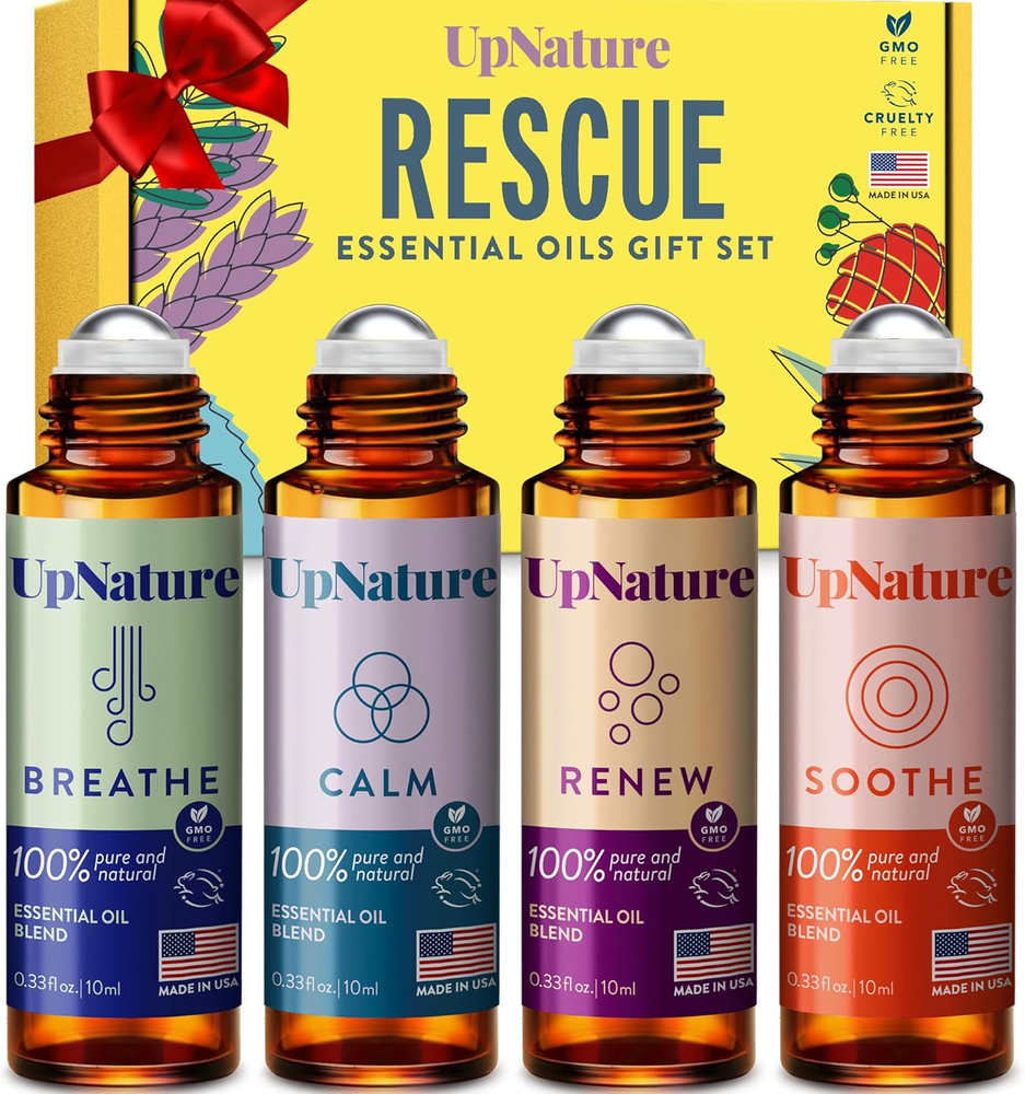 Upnature 4-Piece Essential Oil Roll-On Set for Stress Relief & Aromatherapy